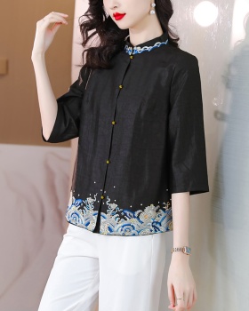 Real silk embroidered retro shirt summer silk tops for women