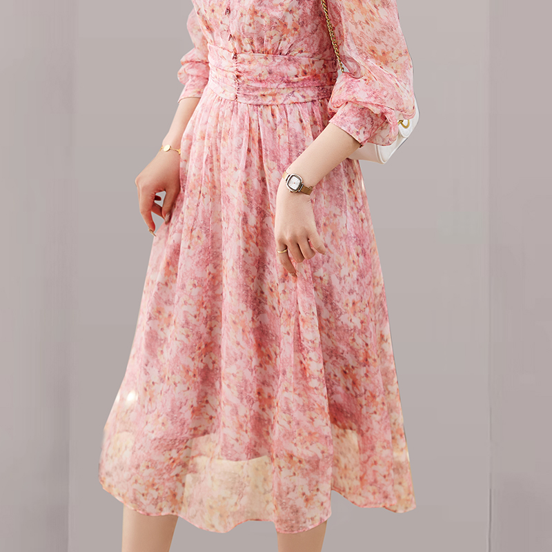 Spring floral temperament long sleeve printing long dress