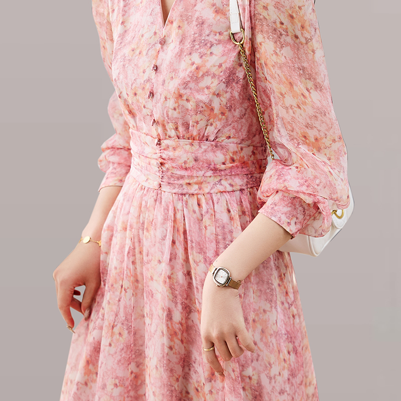 Spring floral temperament long sleeve printing long dress