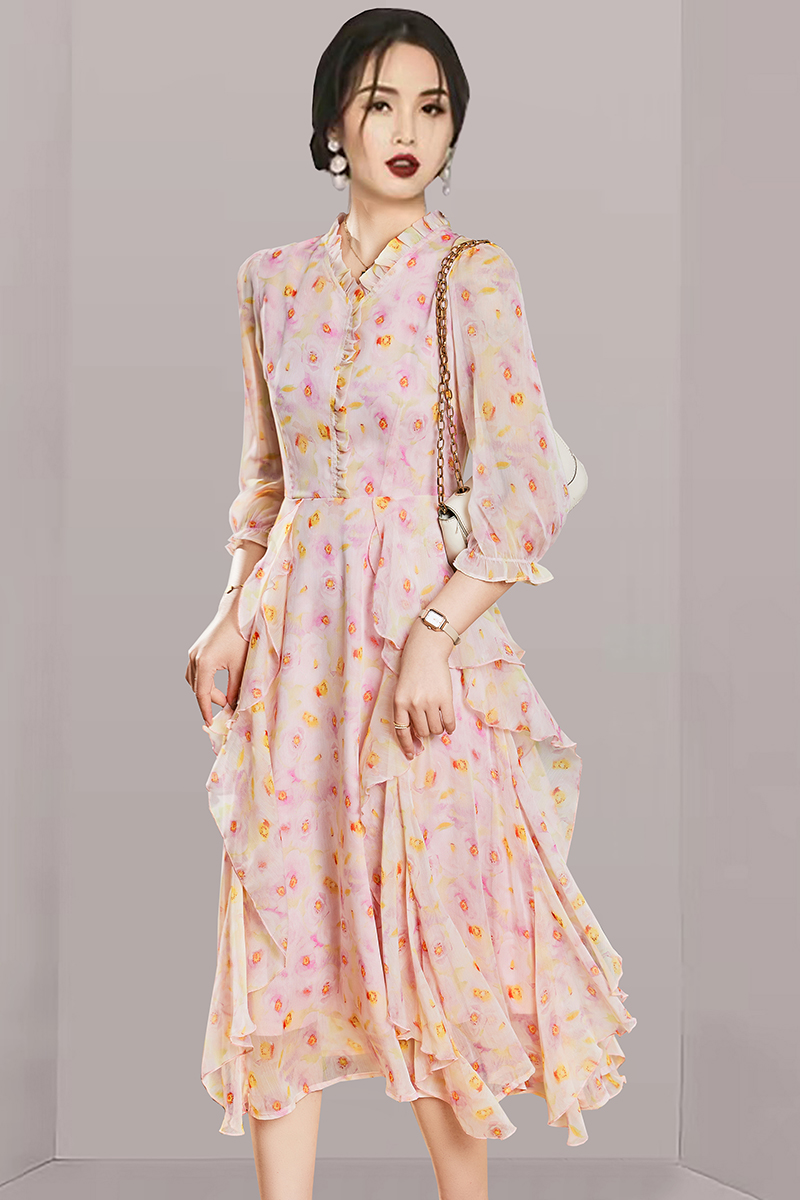 Chiffon floral long dress lady pink dress