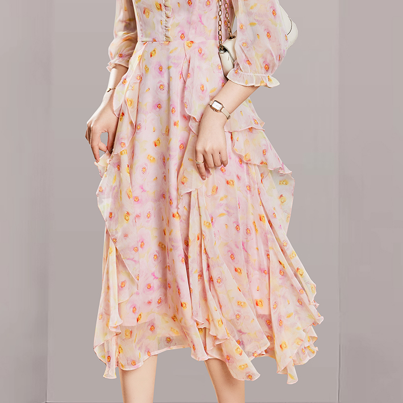 Chiffon floral long dress lady pink dress