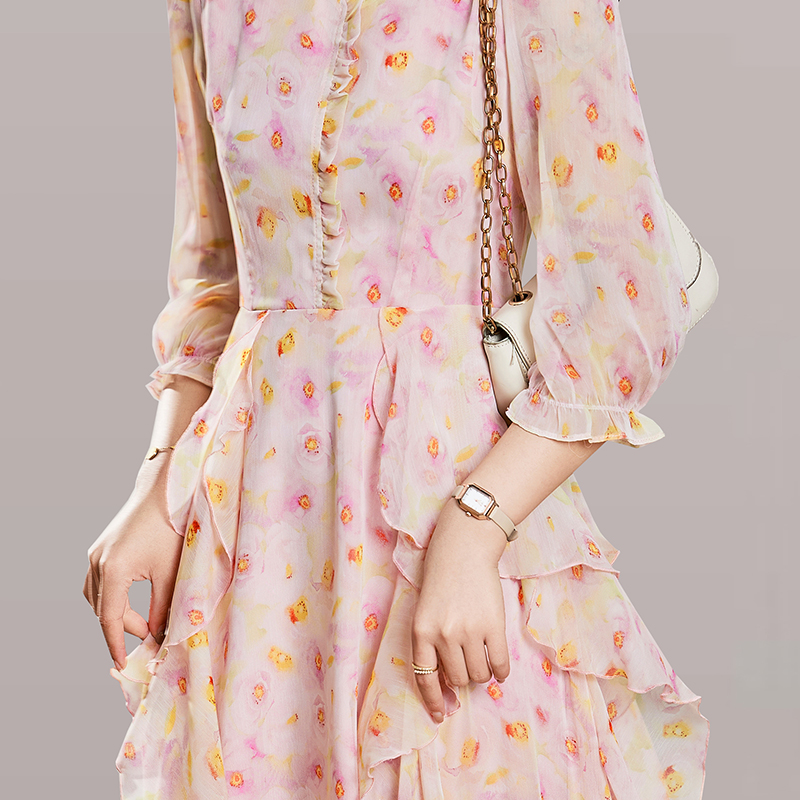 Chiffon floral long dress lady pink dress