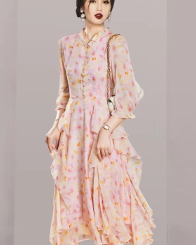 Chiffon floral long dress lady pink dress