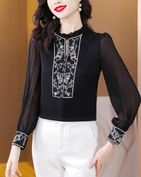 Long sleeve silk retro tops real silk black shirt for women