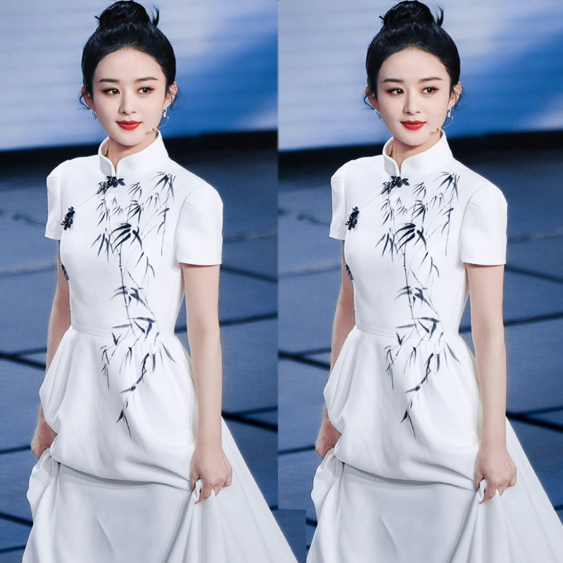 White printing long dress short sleeve cheongsam