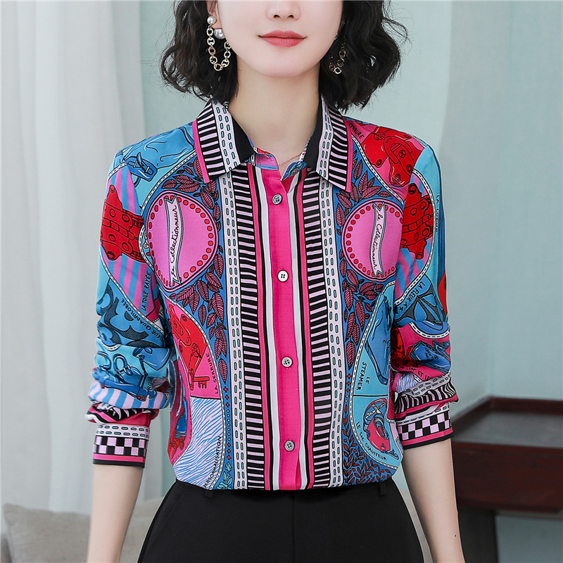 Commuting single-breasted printing real silk shirt for women