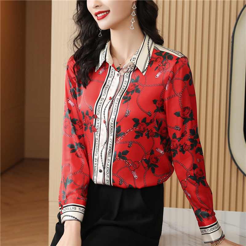 Printing rose tops chain real silk shirt for women