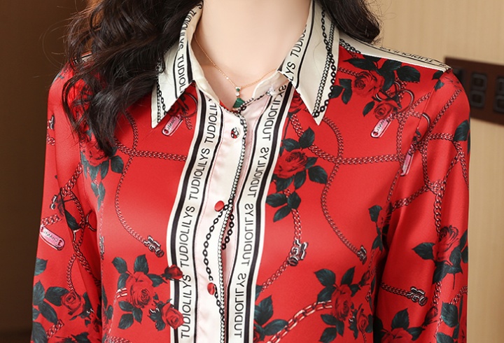 Printing rose tops chain real silk shirt for women