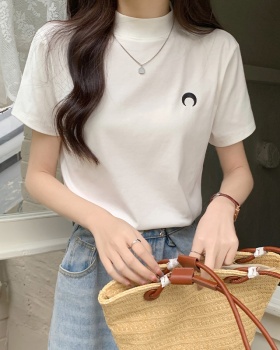 Stand collar embroidery tops pure cotton T-shirt for women