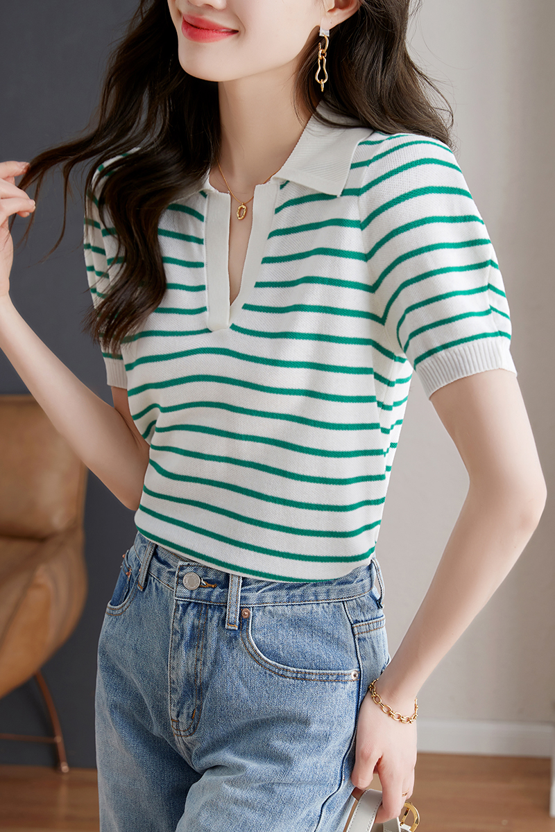 Stripe summer tops France style knitted T-shirt