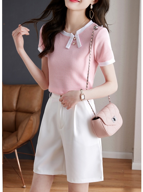 Slim knitted tops pink short sleeve shirts for women