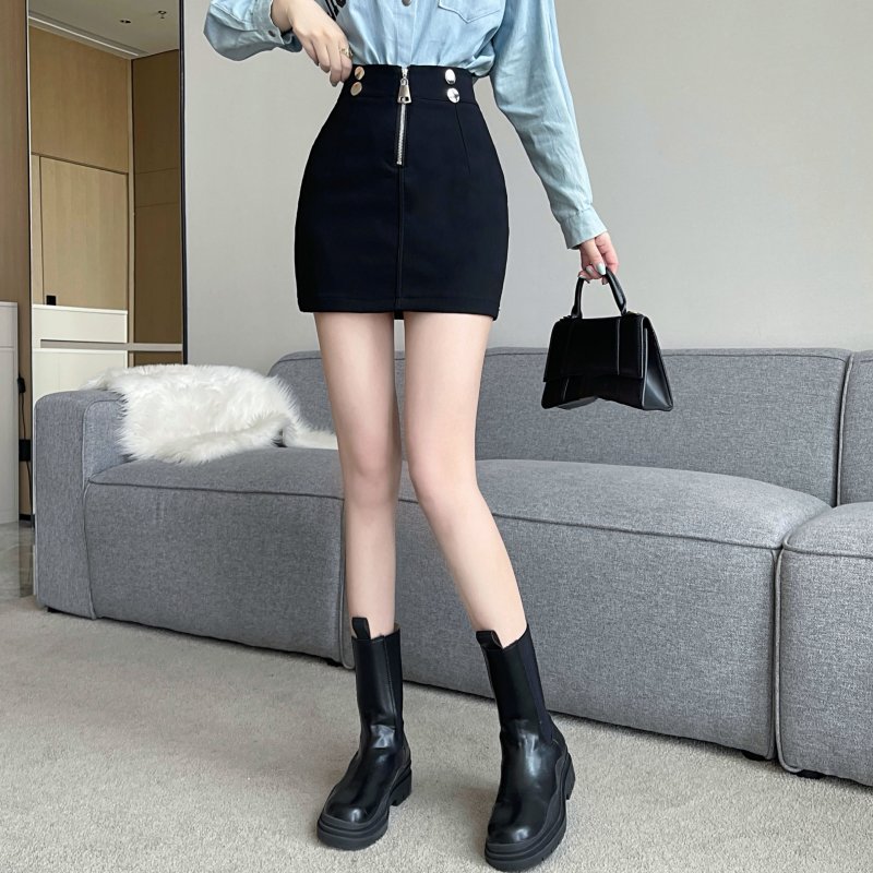 Black zip skirt tight high waist short skirt