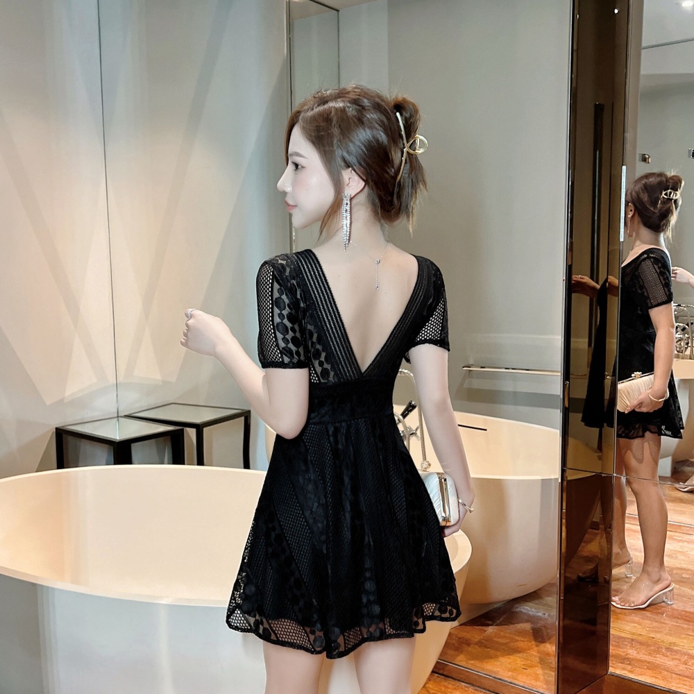 V-neck backless lady T-back slim lace dress