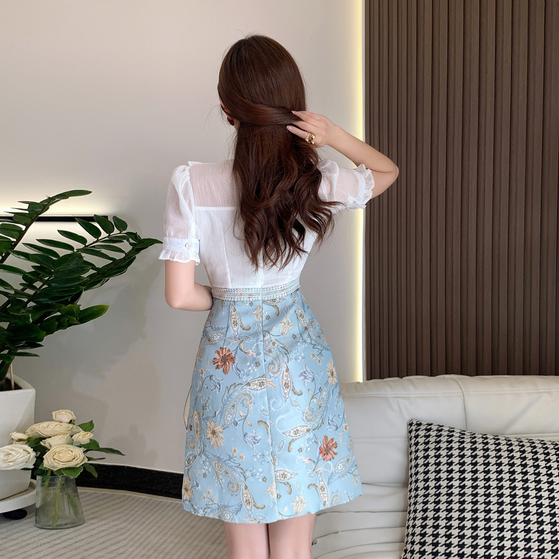 Splice lotus leaf edges shirt pinched waist frenum dress