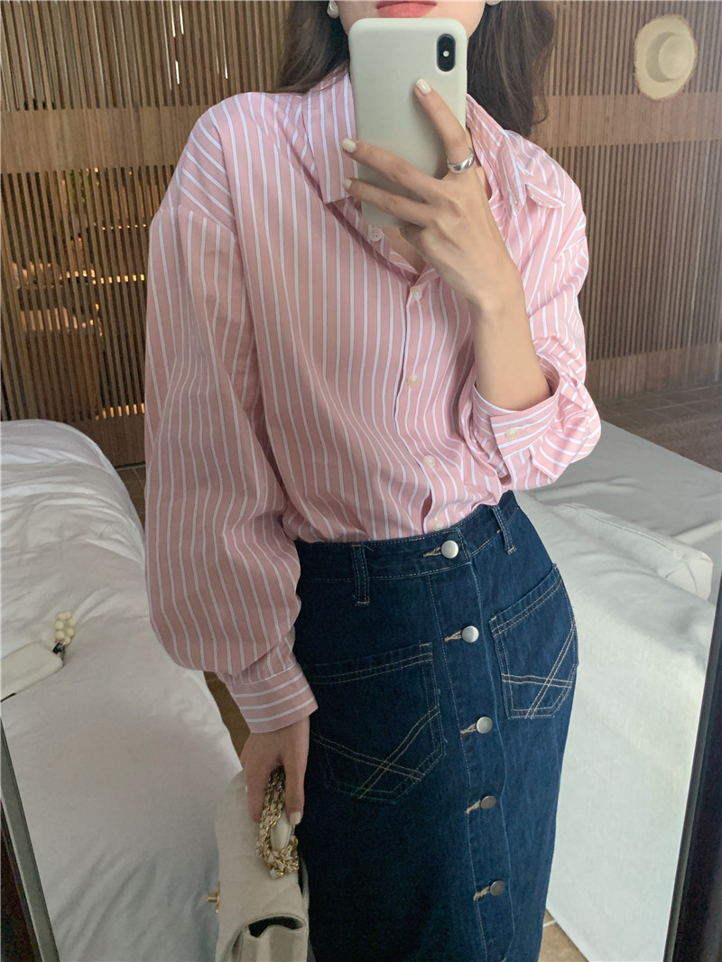 Simple stripe all-match long sleeve Korean style shirt