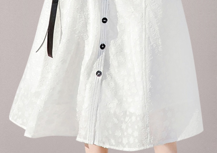 White with belt jacquard summer long puff sleeve dress