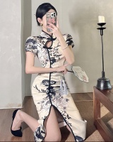 Light retro split hollow dress printing slim fold cheongsam