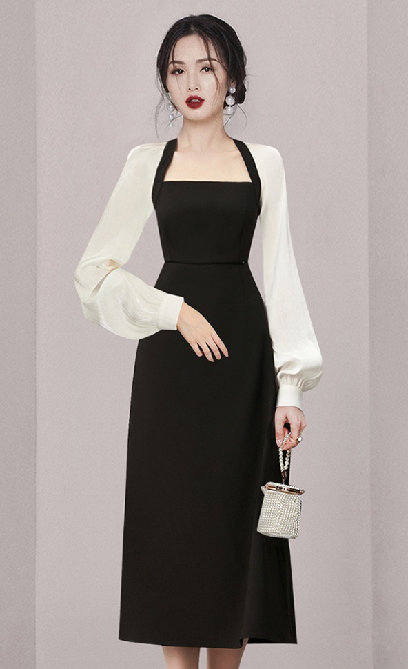 Black-white retro beauty back France style square collar dress