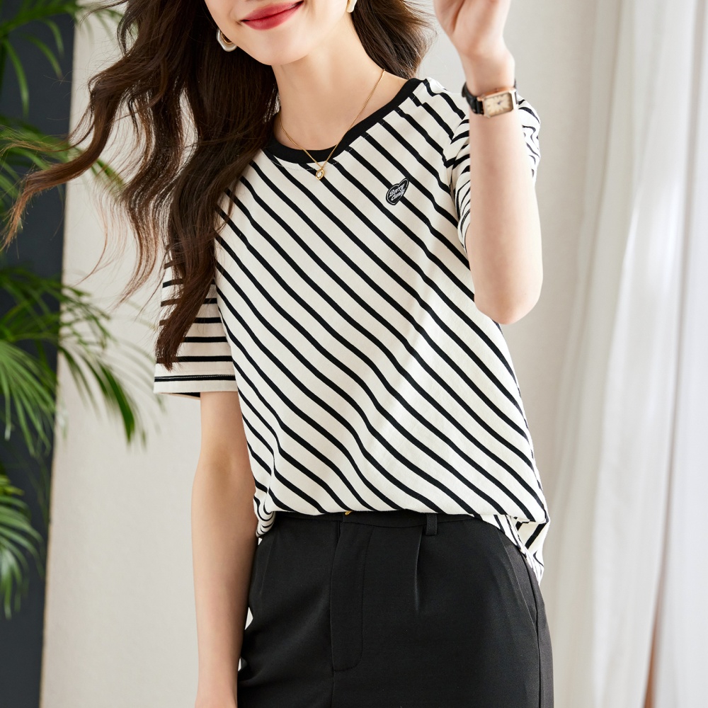 Stripe black short sleeve tops summer pullover T-shirt