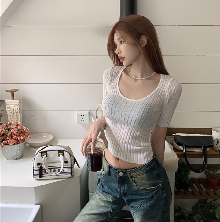 Short sleeve all-match tops knitted white T-shirt