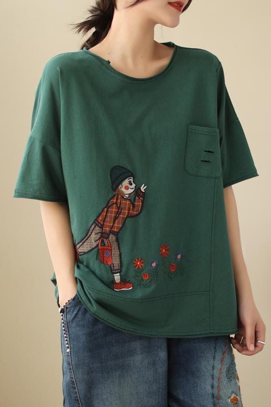 Summer patch large yard embroidered T-shirt for women