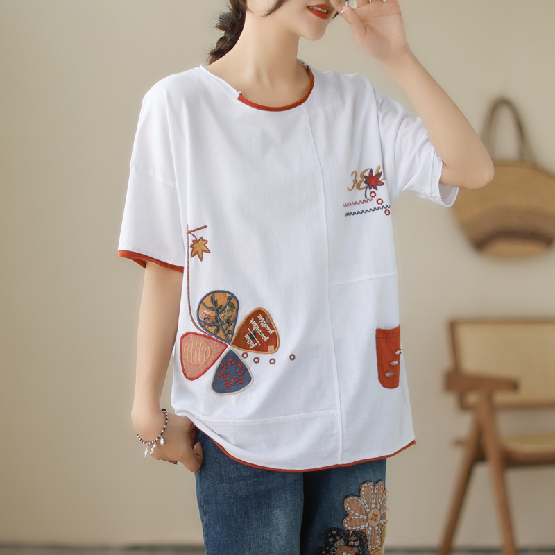 Fat sister patch embroidery summer T-shirt for women