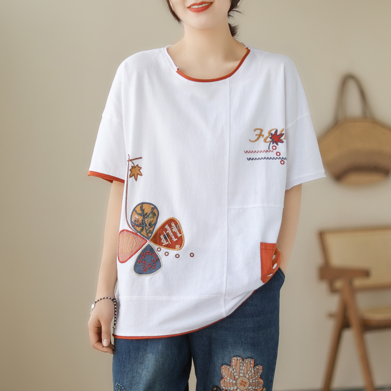 Fat sister patch embroidery summer T-shirt for women