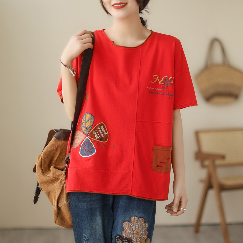 Fat sister patch embroidery summer T-shirt for women