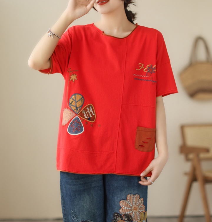 Fat sister patch embroidery summer T-shirt for women