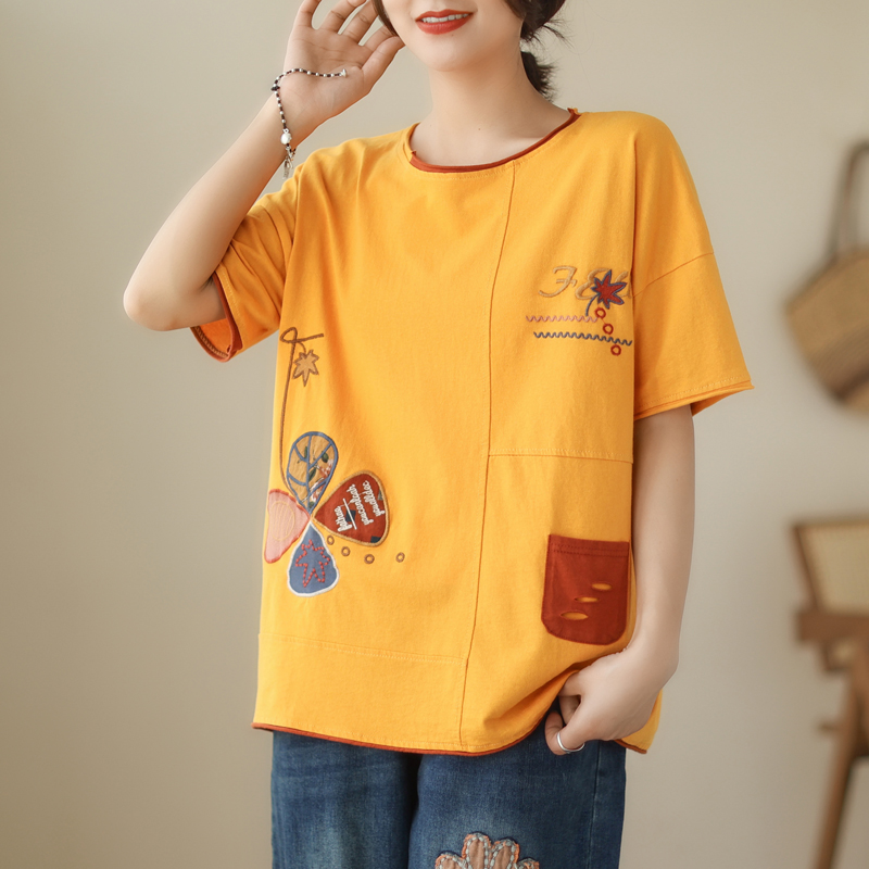 Fat sister patch embroidery summer T-shirt for women