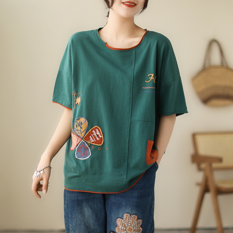 Fat sister patch embroidery summer T-shirt for women