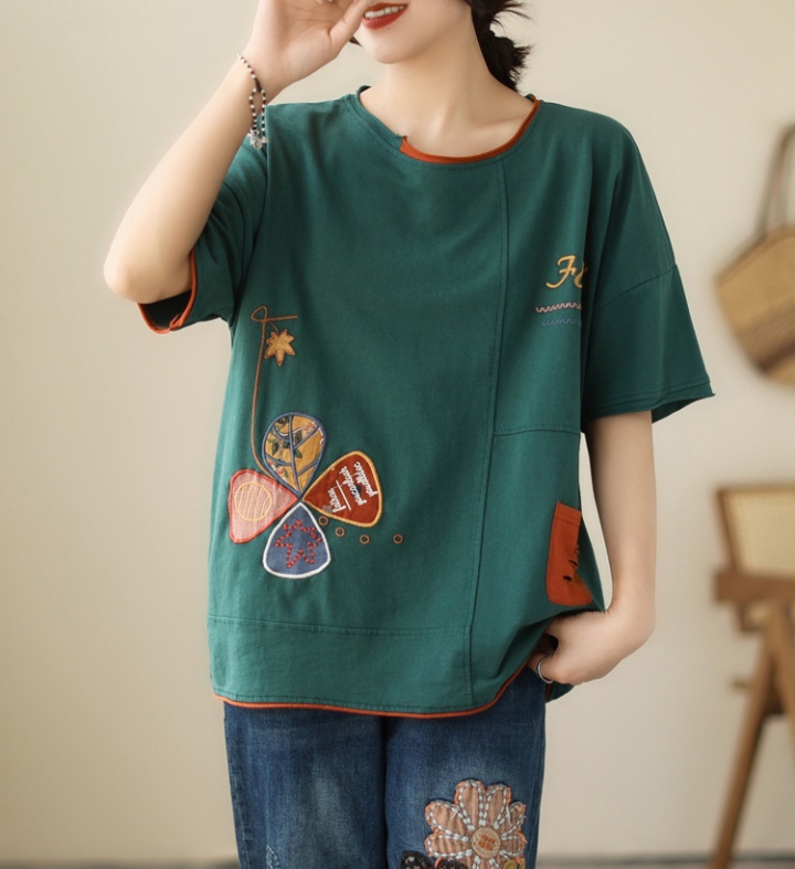 Fat sister patch embroidery summer T-shirt for women