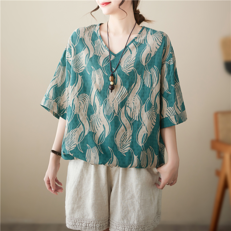 Retro summer art tops cotton linen short sleeve T-shirt for women