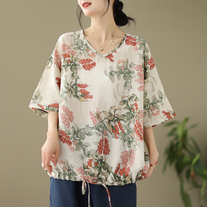 Printing loose lady V-neck short sleeve tops for women