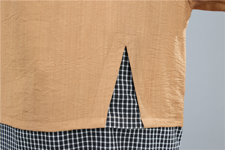 All-match splice loose T-shirt cotton linen fat tops