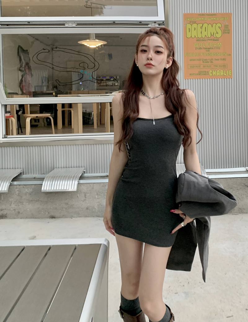 Long black-gray short dress Casual slim all-match strap dress