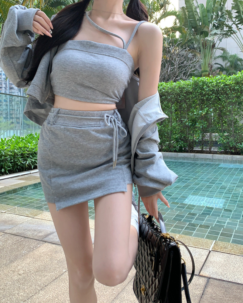 Spring and summer gray coat sling short skirt 3pcs set