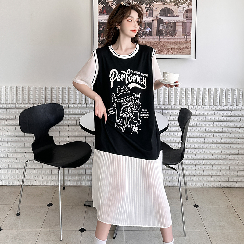 Pseudo-two cozy splice T-shirt pleated summer dress