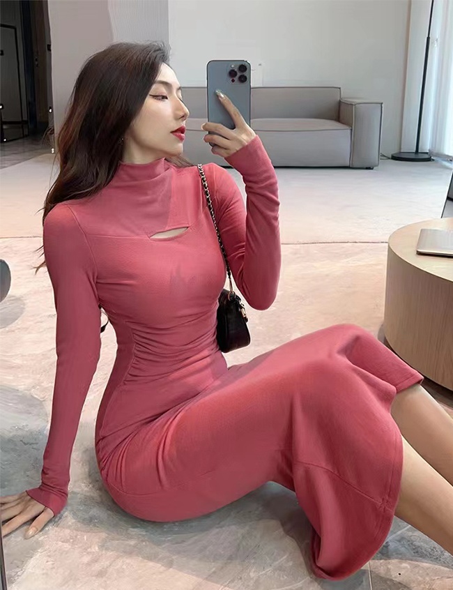 Long package hip sexy pink dress
