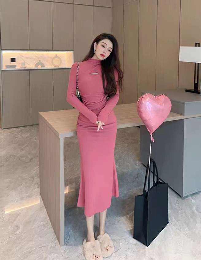 Long package hip sexy pink dress