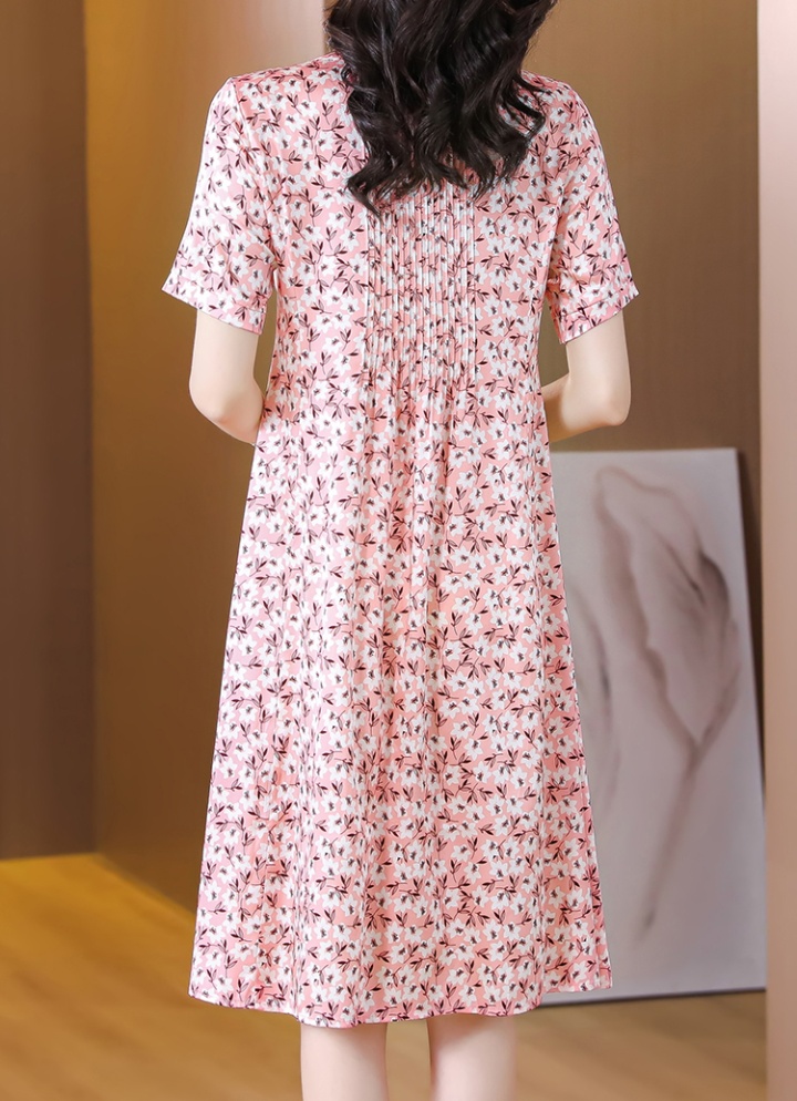 Pinched waist V-neck real silk summer floral dress