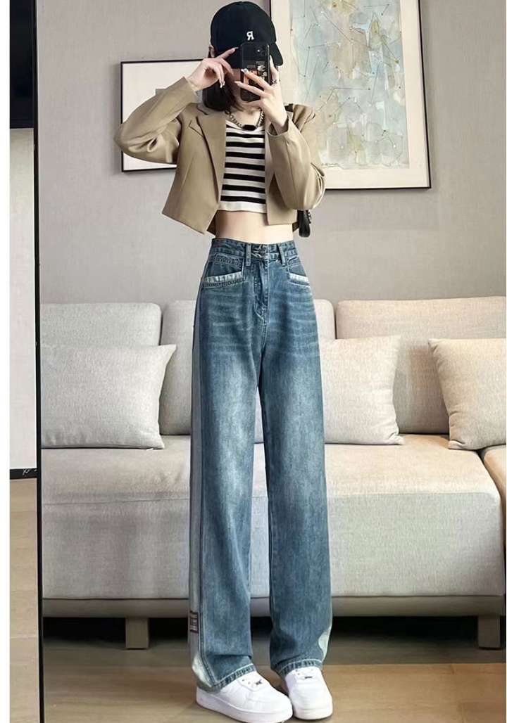 Spring splice slim wide leg pants drape high waist pants