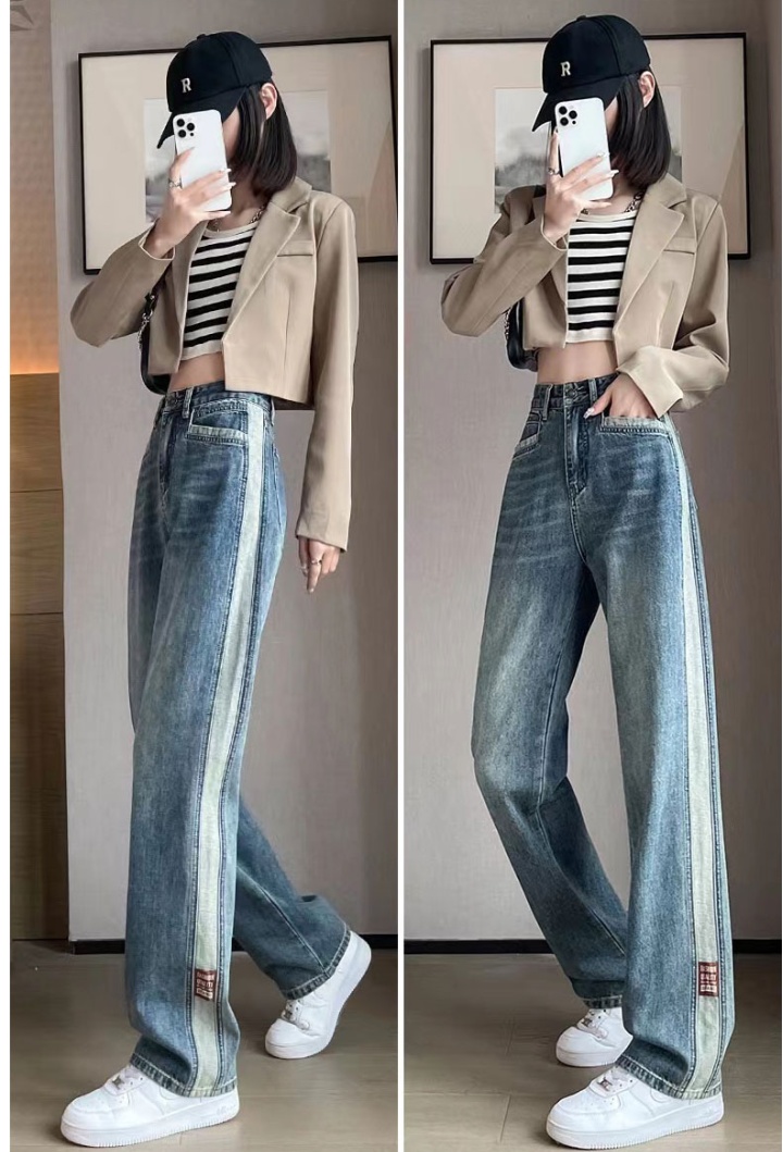 Spring splice slim wide leg pants drape high waist pants