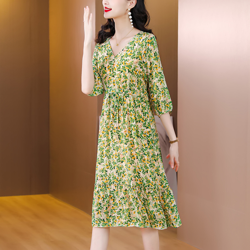 Floral real silk silk long printing dress for women
