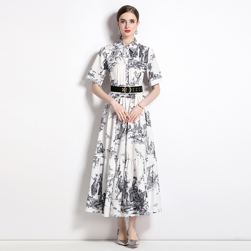 Printing summer temperament pinched waist dress