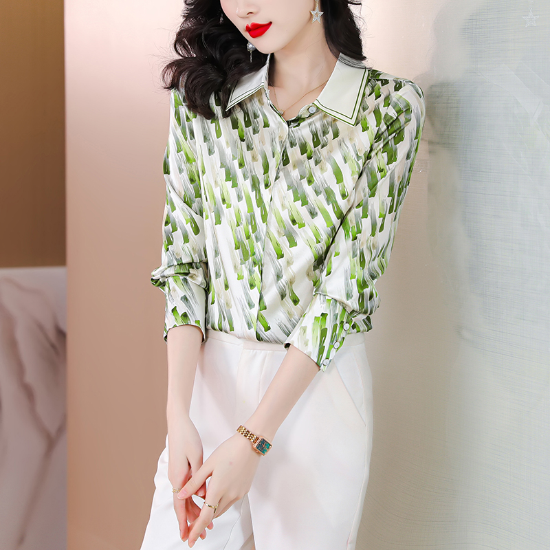 Silk Western style tops spring lapel shirt for women