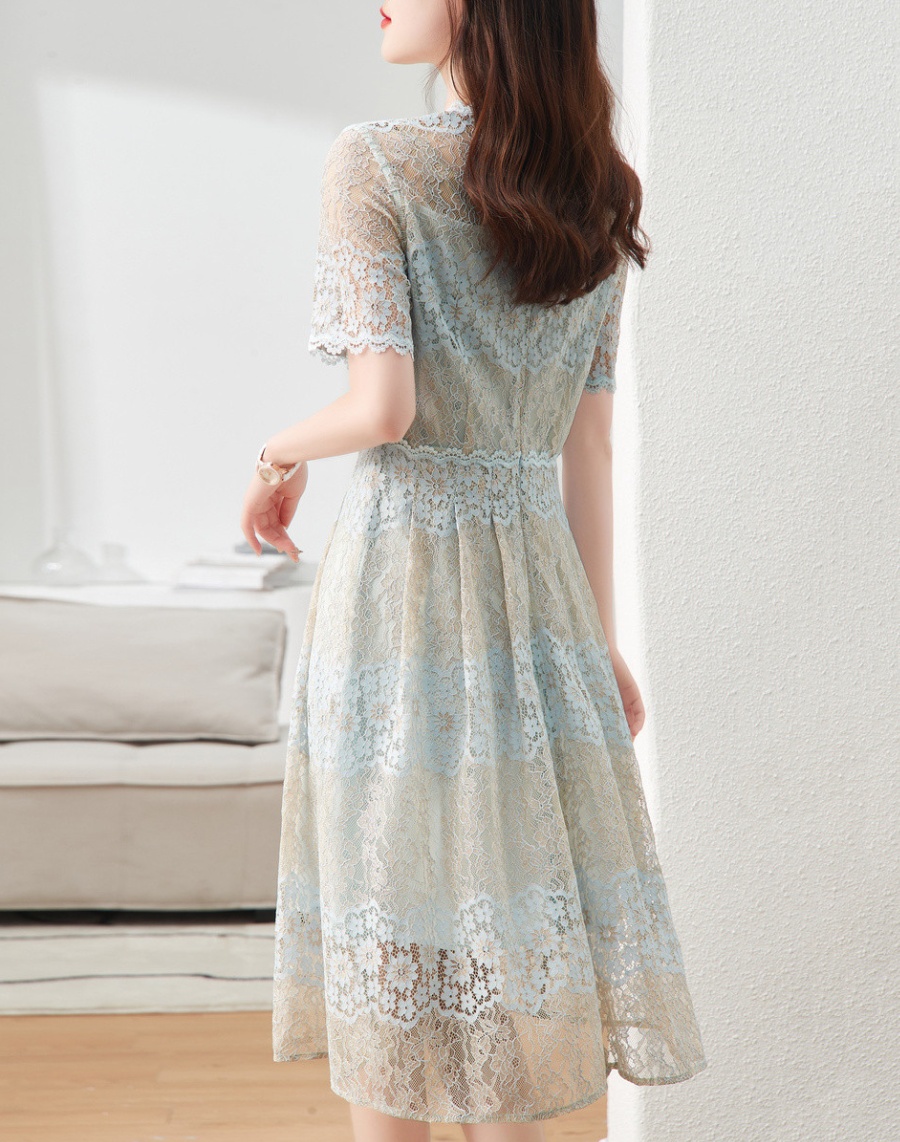 Long summer round neck lace short sleeve dress for women