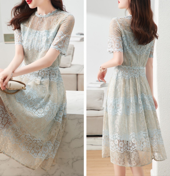 Long summer round neck lace short sleeve dress for women