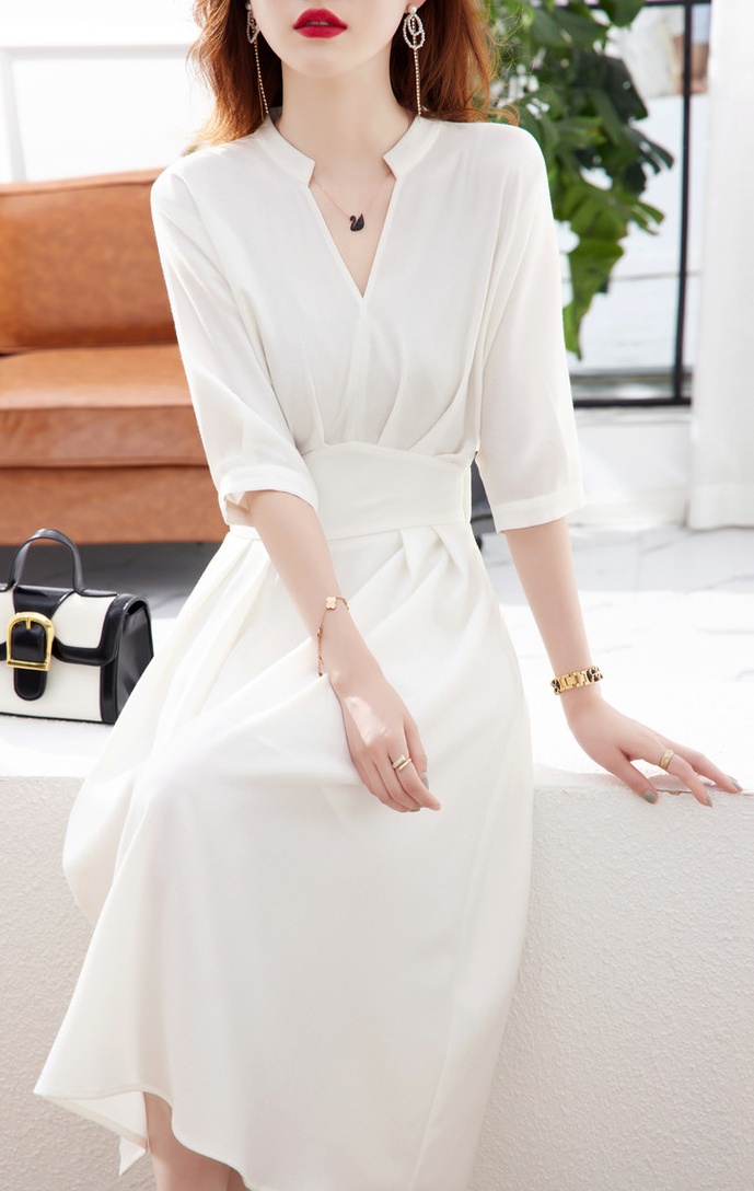 White V-neck France style shirt summer temperament dress