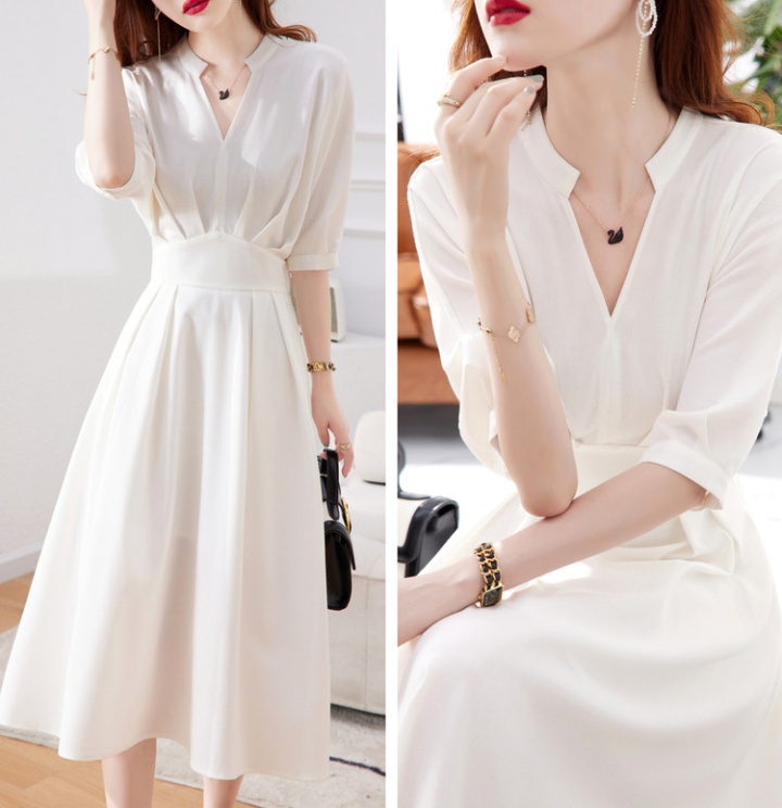 White V-neck France style shirt summer temperament dress